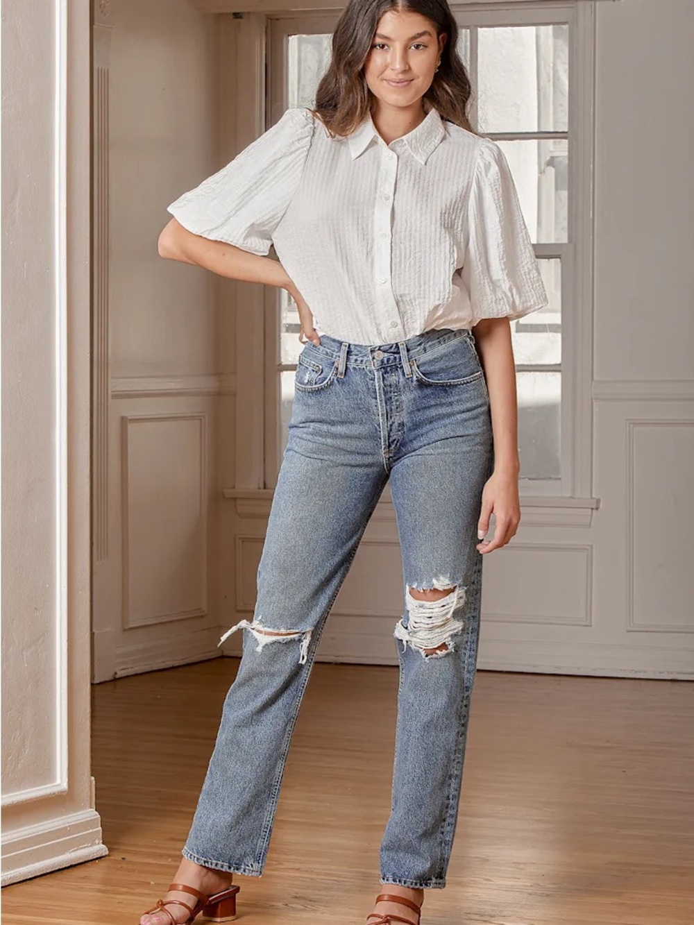 Agolde Lana Light Wash Distressed Mid Rise Vintage Straight Jeans